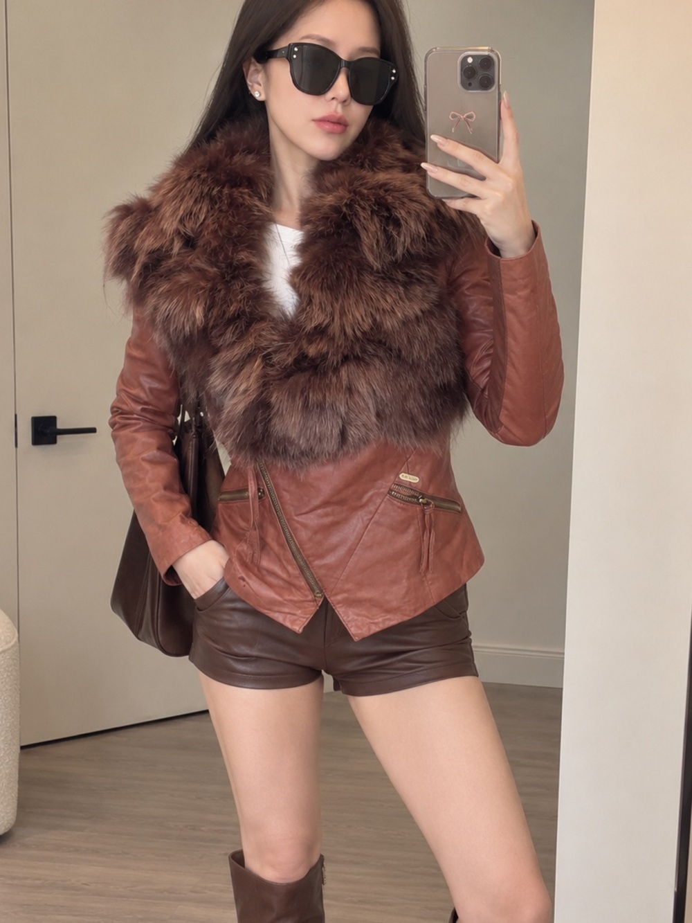 Vintage ONLY Brown Sheepskin Leather Fox Fur Collar Fitted Moto Jacket XS/S